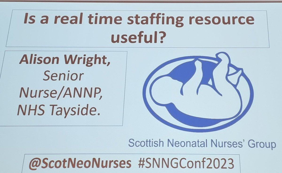 Looking forward to hearing about 'if a real time staffing resource is useful' at this years <a href="/ScotNeoNurses/">Scottish Neonatal Nurses' Group 💙</a> conference from <a href="/AlisonWright772/">Alison Wright</a>  <a href="/NHSTayside/">NHS Tayside</a> Great to hear about <a href="/scotgov/">Scottish Government</a> approach to safe staffing levels in nursing #SNNGConf2023