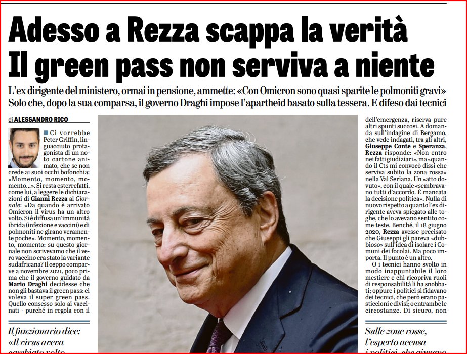 OrtigiaP's tweet photo. DEFINITIVO SPUTTANEMENTO DEL MIGLIORE.. la verità scappa a #Rezza che ammette che con Omicron non c'erano più polmoniti fulminanti, solo influenza da curare. IL #greenpass NON SERVIVA A NIENTE. Anzi il danno è stato maggiore perchè il vaccino rassicurava gli ignari ma non proteggeva. Ma #Rezza aveva avallato molto contento la scelta di istituirlo