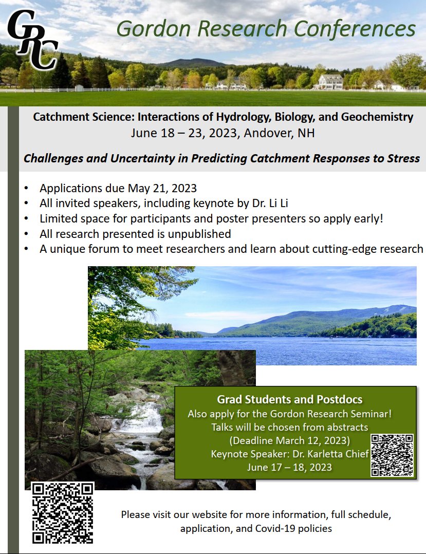 Still looking for a fantastic #hydrology conference to attend this summer? We have a few more open places for the catchment science conference and early career seminar. Deadline to apply is the 21st of May!!! Have a look at the program here: grc.org/catchment-scie…