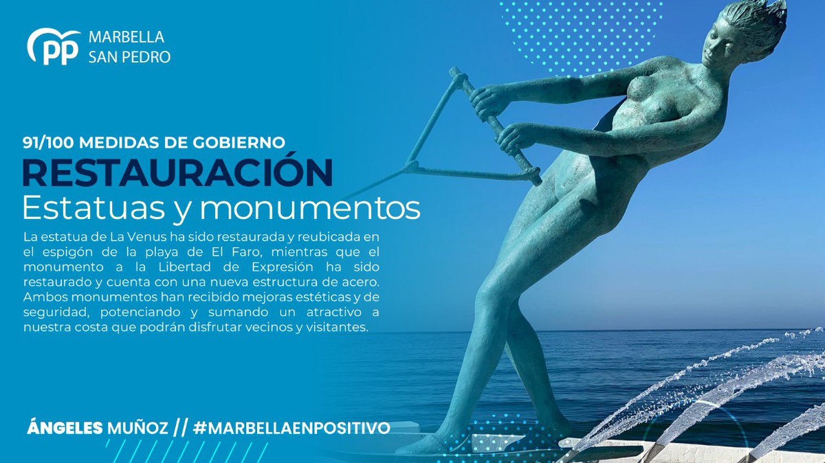 ✅ 91/100 MEDIDAS DE GOBIERNO

La Venus ha sido restaurada y reubicada en el espigón de El Faro, mientras que el monumento a la Libertad Expresión cuenta con una nueva estructura de acero. Ambos han recibido mejoras estéticas y de seguridad, sumando un atractivo a nuestra costa.