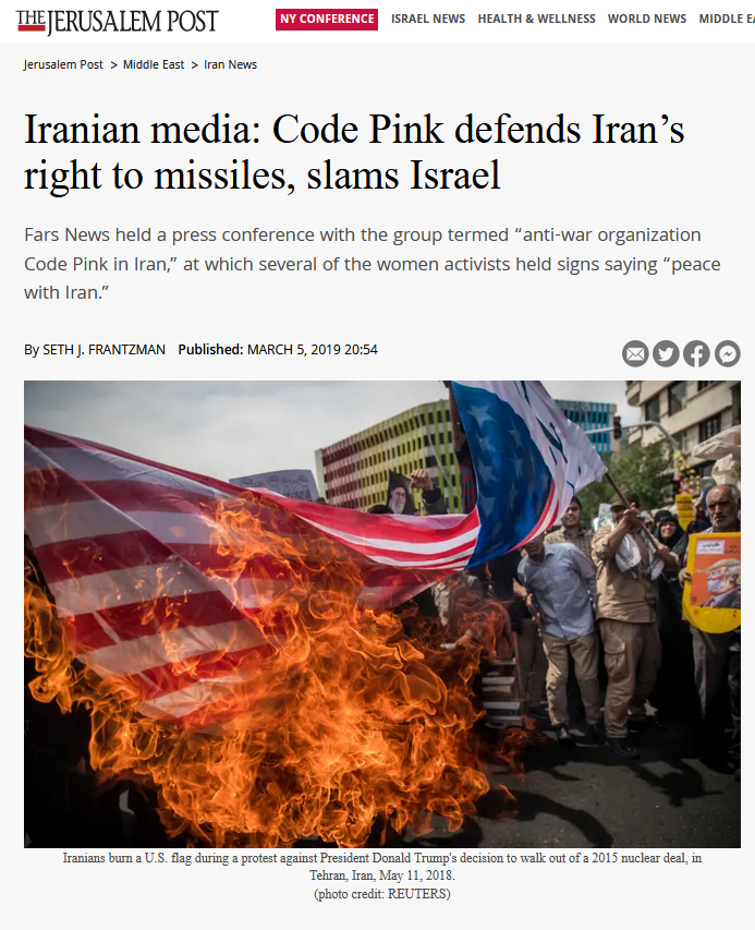 Benjamin later stated that she was 'uncomfortable' but learned a lot. In Mar 2019 while visiting Iran, CODEPINK, a 'grassroots peace and social justice movement', voiced their support over Iran's developing missile technology because the US has military bases around Iran. 6/23