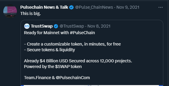 Pulse_ChainNews's tweet photo. We were the first and only breaking news on November 9, 2021 that @TrustSwap was coming to join the PulseChain network. Just yesterday they solidified their commitment with bringing their $350 million and their 4.7 MILLION users. 

Stick with us as we continue to bring the news! https://t.co/Dc3y3a40ZU