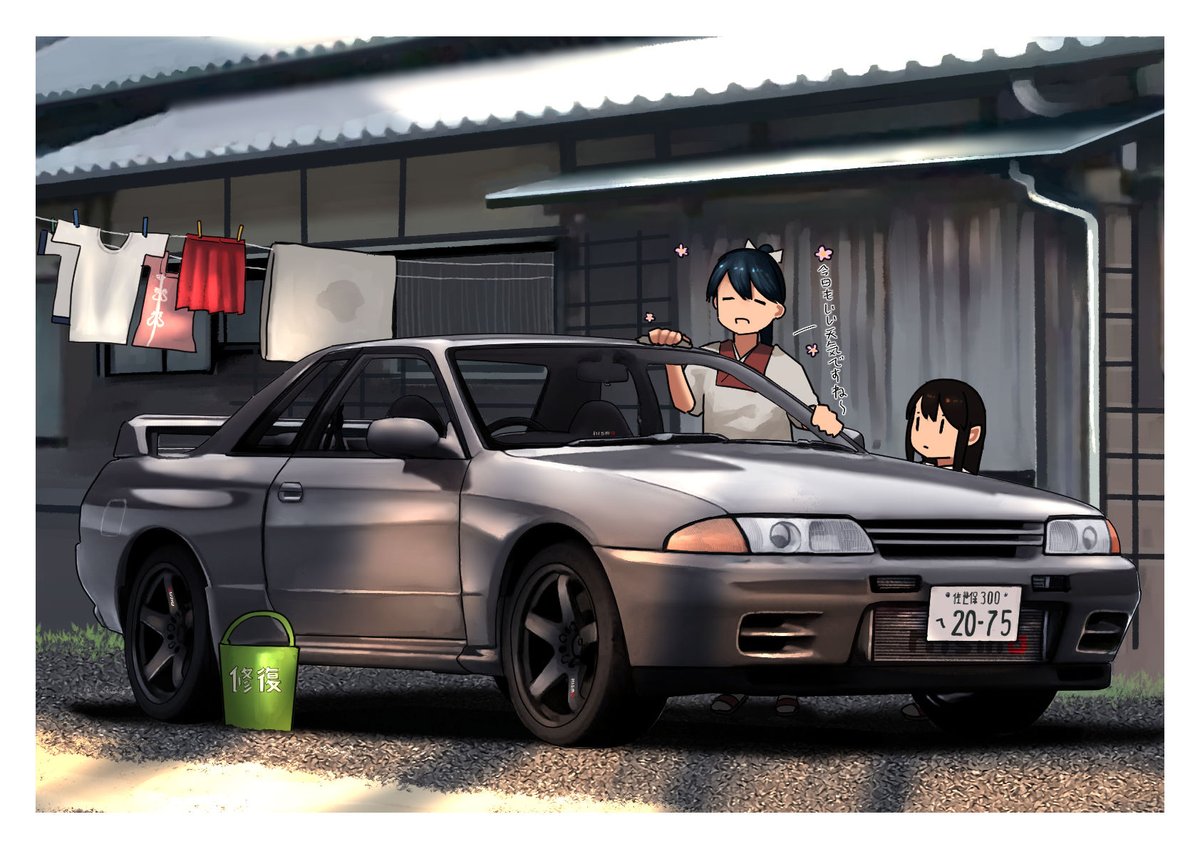 akagi (kancolle) ,houshou (kancolle) multiple girls 2girls vehicle focus ground vehicle motor vehicle car japanese clothes  illustration images