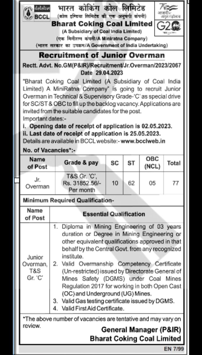 Employ_News's tweet image. 📢 Attention Mining Engineering grads!

Bharat Coking Coal Limited is 💼 recruiting 77 Junior Overman positions.

Don&apos;t miss out on this opportunity to jumpstart your career in the mining industry. 

Apply now and put your skills to work! #miningengineering #jobopportunity