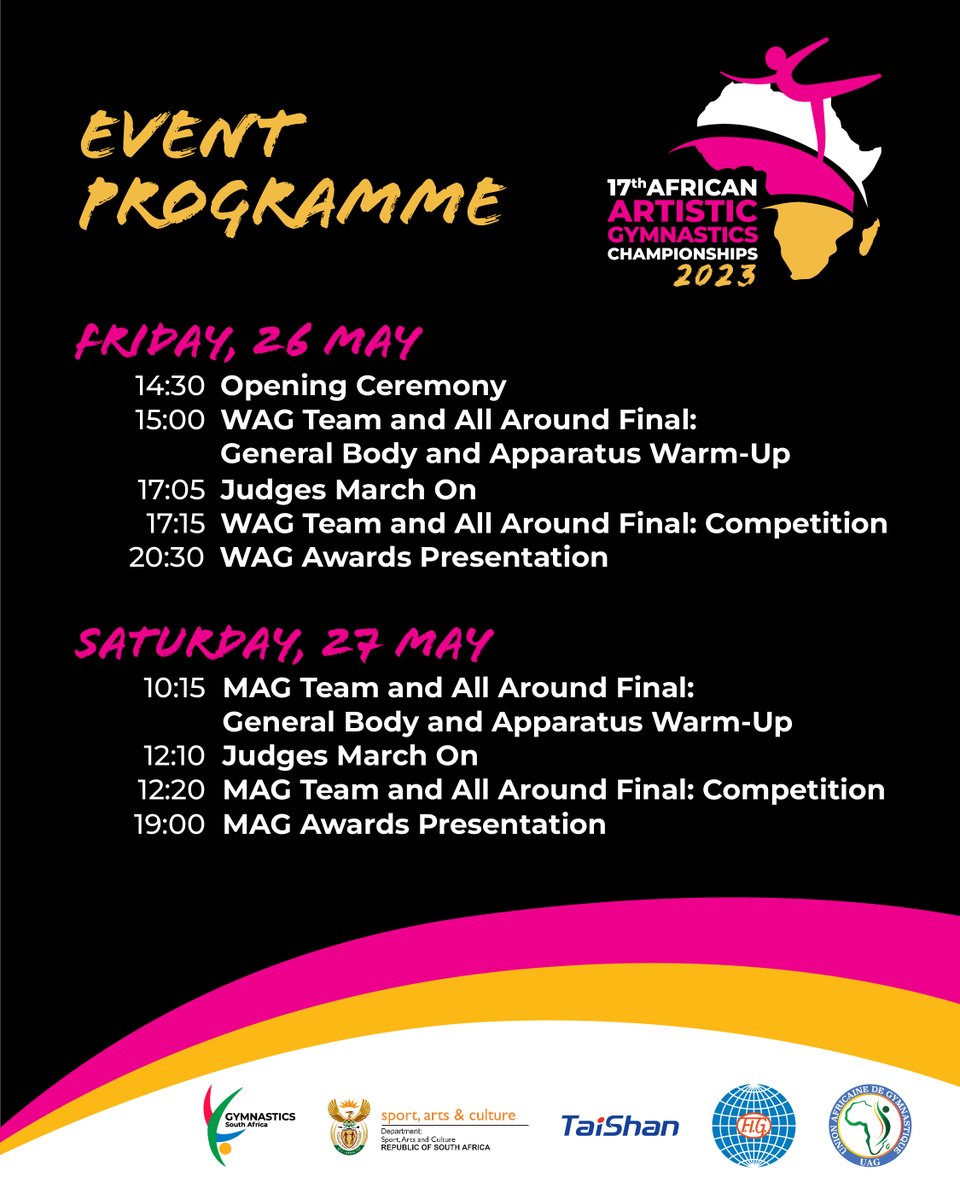 SAGymnastics's tweet photo. Join us for the 17th African Artistic Gymnastics Championships which will be hosted in South Africa this year from 25-27 May at the Heartfelt Arena in Tshwane! Entry is free.  

Here's the event programme for #AFCH 2023!   

More here- https://t.co/czvOeKzwQz

#GymnasticsSA https://t.co/uhIKiQePbN