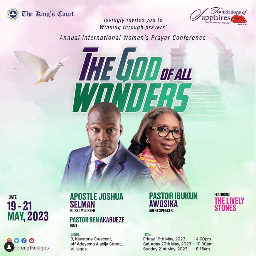 theoasislagos's tweet image. The Foundation of Sapphires of RCCG, The King&apos;s Court (@therccgtkclagos), warmly invites you to the 7th edition of its Annual International Women&apos;s Prayer Conference!

Come experience the power of the God of all wonders!

You DO NOT want to miss this!

#rccgtkclagos