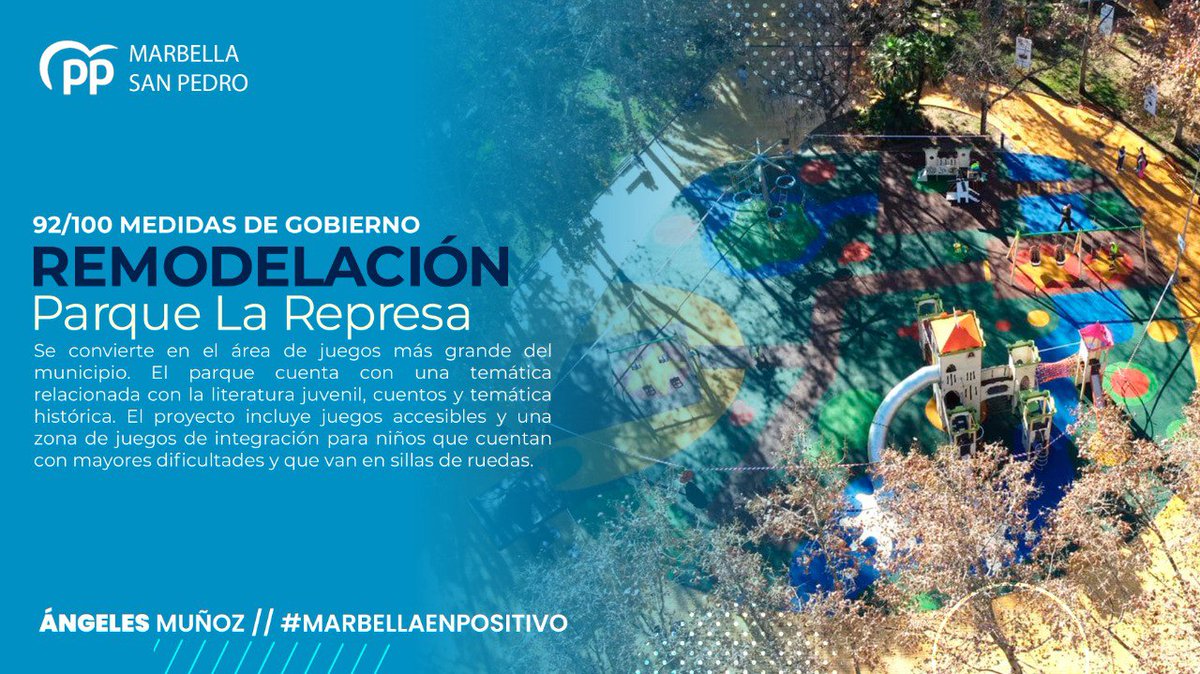 ✅ 92/100 MEDIDAS DE GOBIERNO

Se convierte en el área de juegos más grande del municipio.Cuenta con temática relacionada con cuentos y temática histórica. El proyecto incluye una zona de juegos de integración para niños que cuentan con dificultades y que van en sillas de ruedas.