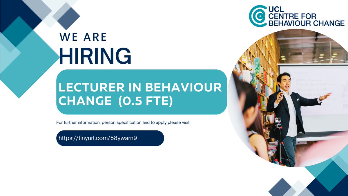 UCL Centre for Behaviour Change (@uclbehavechange) on Twitter photo 📢 Job Alert: Lecturer in Behaviour Change (Part-time, 0.5 FTE) 💼
👉 Join our expert team and make an impact!
Develop a comprehensive portfolio in behaviour change through teaching, research, consultancy, and supervision.
#Academia #JobPost <a href="/PHJobsUK/">Public Health Jobs UK</a>
<a href="/pubhealthjobsuk/">Public Health jobs</a> 📢 Job Alert: Lecturer in Behaviour Change (Part-time, 0.5 FTE) 💼
👉 Join our expert team and make an impact!
Develop a comprehensive portfolio in behaviour change through teaching, research, consultancy, and supervision.
#Academia #JobPost <a href="/PHJobsUK/">Public Health Jobs UK</a>
<a href="/pubhealthjobsuk/">Public Health jobs</a>
