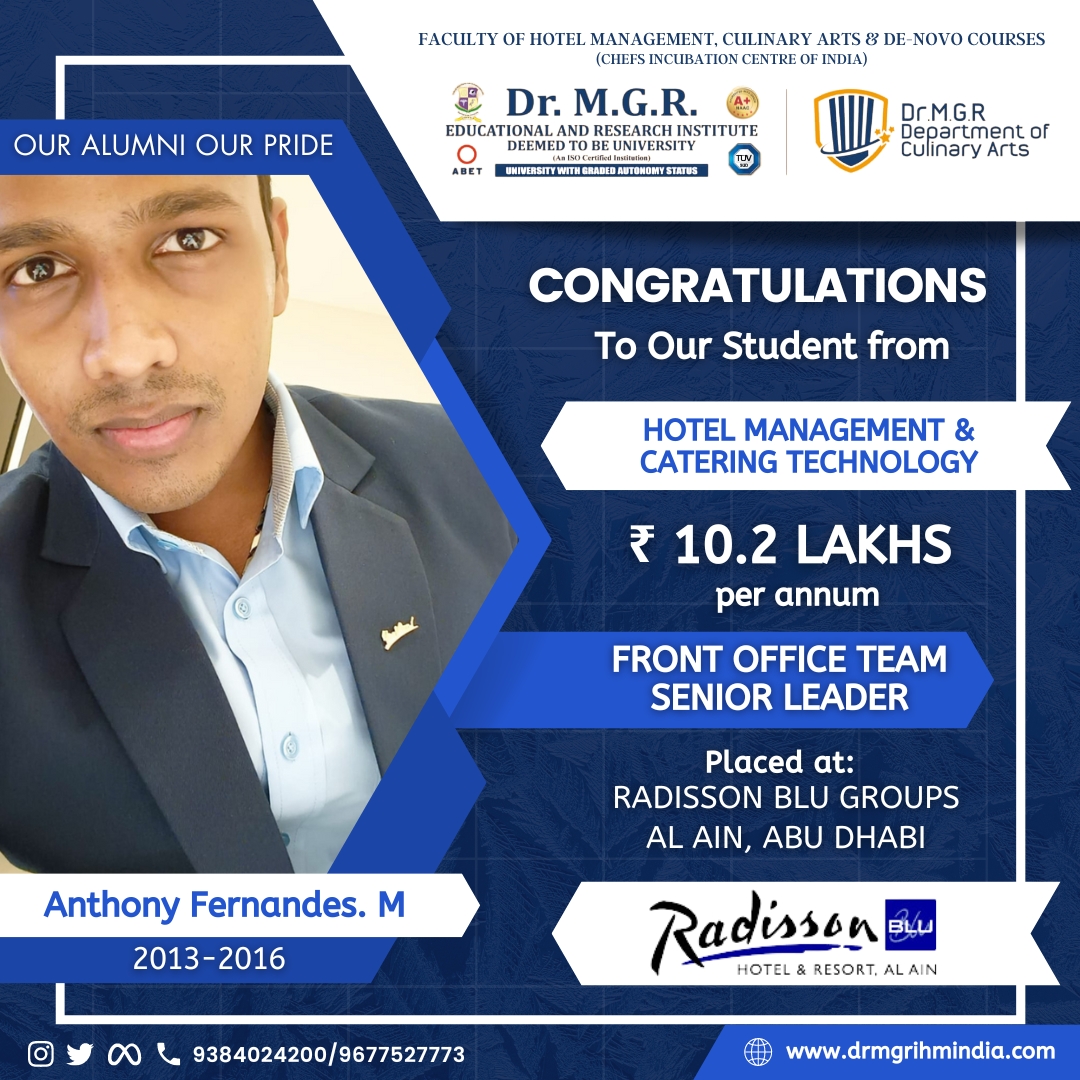 Celebrating the success of our Hotel Management & Catering Technology graduate, Anthony Fernandes.M (2013-2016), Front Office Team Senior Leader, Radisson Blu Groups, Al Ain, Abu Dhabi. #OurAlumniOurPride

#MGRERI #drmgrihm #hotelmanagementcollege #abroadjobs #bestcoaching