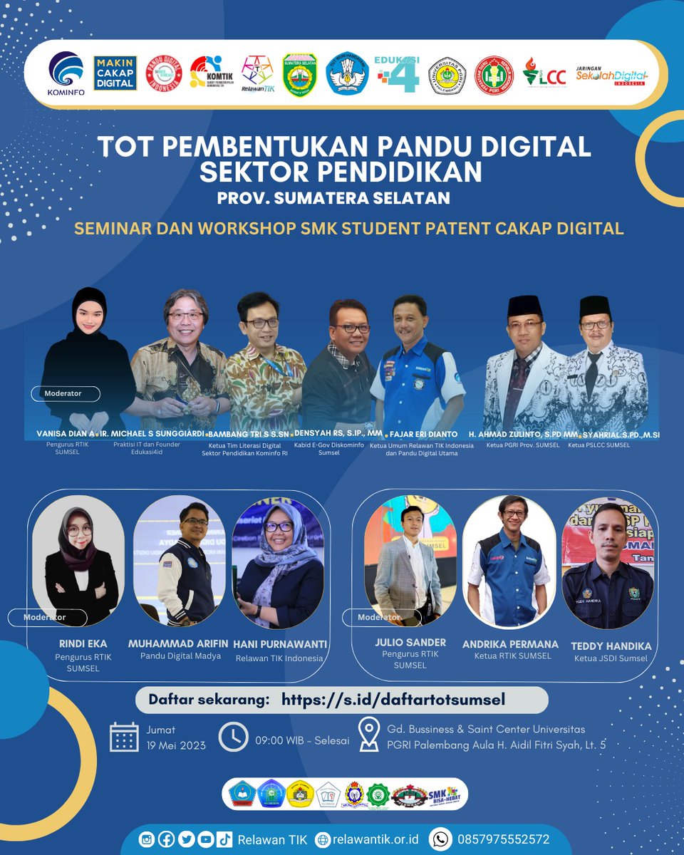 ToT Pandu Digital Sektor Pendidikan 
Provinsi Sumatera Selatan menggelar Seminar dan Workshop "SMK Student Patent Cakap Digital".

#RTIK #PanduDigital #BanggaJadiRelawanTIK #PelajarMakinCakapDigital
