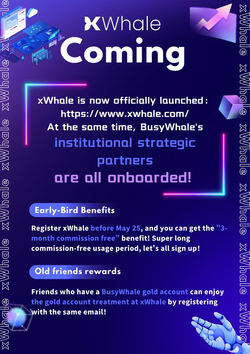 BusywhaleHK's tweet photo. 🤩Are you ready? xWhale is coming!

🥳We are so excited to announce that xWhale is now officially launched: https://t.co/W7W5iGjvY8! At the same time, BusyWhale's institutional strategic partners are all onboarded!

Early-bird benefits: Register xWhale before May 25, and you can get the "3-month commission free" benefit! Super long commission-free usage period🤩, let's all sign up！

Old friends rewards: Friends who have a BusyWhale gold account can enjoy the gold account treatment at xWhale💖 by registering with the same 📬email！

xWhale is waiting for you！