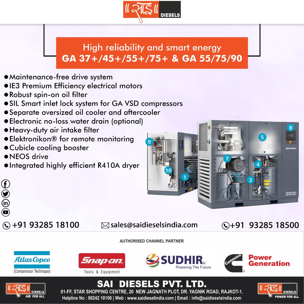 High Reliability and Smart Energy
GA 37+ / 45+ / 55+ / 75+ /  GA 55/75/90
.
.
.
#sai #saidiesels #dieselgenerator #ENGINE #alternator #controller #makebattery #dieselgeneratorset #alternative #powerGeneration #smartga7 #22vsd #atlascopco #snapontools #enviromentfrindly