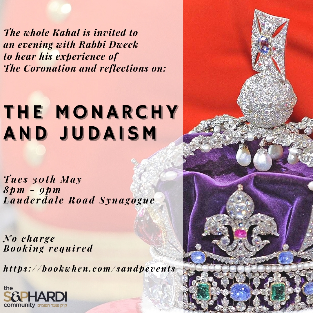 sandpuk's tweet photo. Join us to hear @rabbidweck's reflections on his experience of the Coronation, how monarchy is seen from the perspective of the Torah, and what the Jewish requirements and expectations are of a king. 
Follow the link below to book today:
https://t.co/j9PPAM3Ovy https://t.co/qBXvJQk8VK