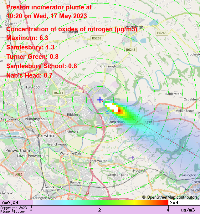 plumeplotter's tweet photo. Latest Preston incinerator plume plot, 10:20 17/05/23 #Samlesbury #TurnerGreen #NabsHead https://t.co/vYUTMnLQDm https://t.co/4ZRuNTaQEV