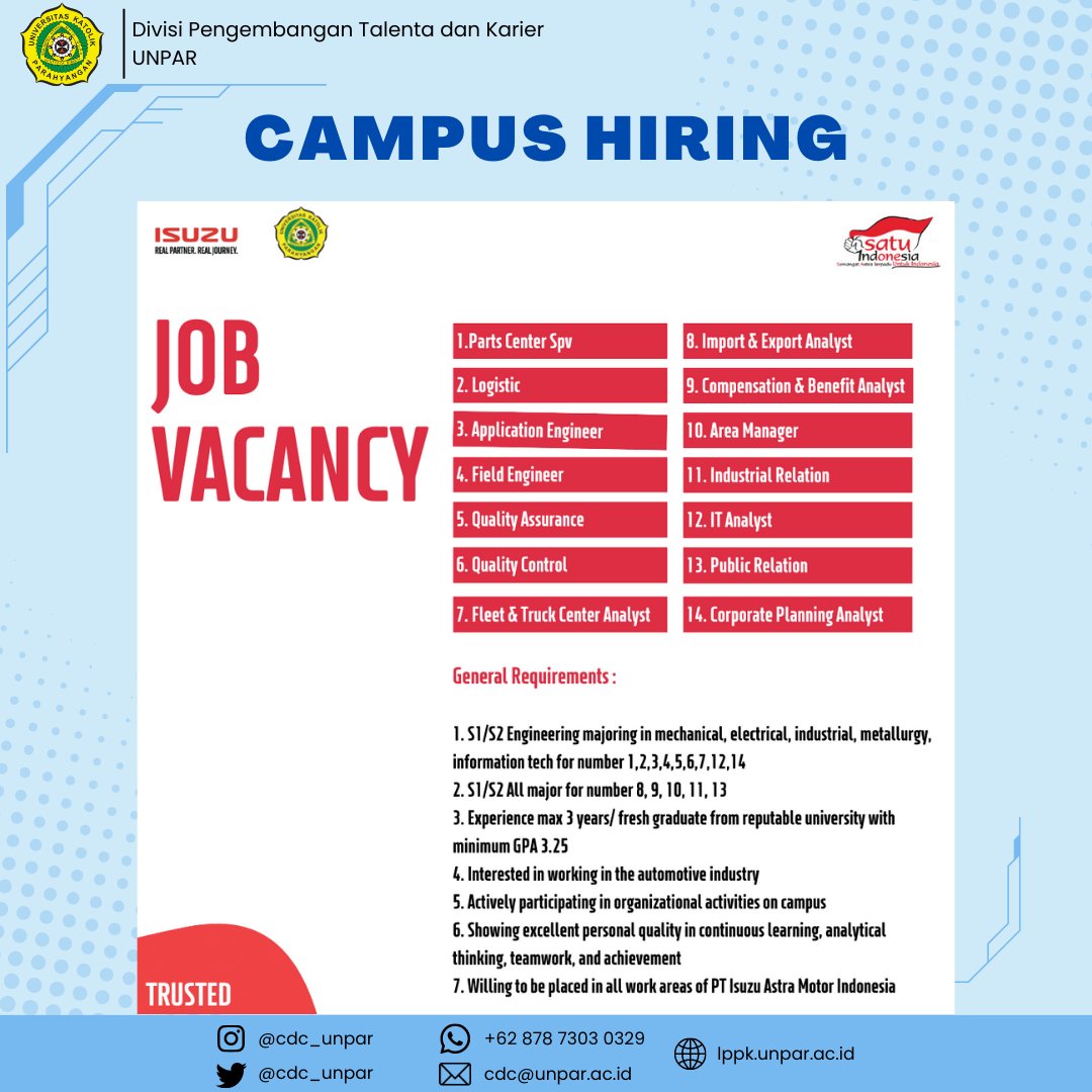 Isuzu Astra Motor Indonesia akan mengadakan campus hiring di kampus UNPAR!

Save The Date :
📆 08-09 Juni 2023
⌚ 08.00 - 16.00 WIB
📍 PPAG 2 UNPAR Lt 2A Ruang 03-04

Pendaftaran melalui link GForm:
bit.ly/CampusHiringUn…

Hanya peserta yang menerima undangan yang dapat hadir 😊