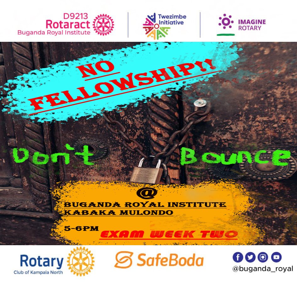 Rotaract Buganda Royal institute (The Trekkers) (@buganda_royal) on Twitter photo Kindly informing you all of no fellowship again this week since its an exam week. <a href="/RCTNdejjeCity/">Rotaract Club of Ndejje City</a> <a href="/kanosug/">Rotaract Kampala North</a> <a href="/rckampalanorth/">Rotary Kampala North</a> <a href="/rctmusical/">Rotaract Kampala North Musical</a> <a href="/rctuict/">Rotaract Club of UICT</a> <a href="/RctKyengera/">Rotaract Club of Kyengera</a> <a href="/rctmusical/">Rotaract Kampala North Musical</a> to mention but a few. Blessed week to you🤝🏽 Kindly informing you all of no fellowship again this week since its an exam week. <a href="/RCTNdejjeCity/">Rotaract Club of Ndejje City</a> <a href="/kanosug/">Rotaract Kampala North</a> <a href="/rckampalanorth/">Rotary Kampala North</a> <a href="/rctmusical/">Rotaract Kampala North Musical</a> <a href="/rctuict/">Rotaract Club of UICT</a> <a href="/RctKyengera/">Rotaract Club of Kyengera</a> <a href="/rctmusical/">Rotaract Kampala North Musical</a> to mention but a few. Blessed week to you🤝🏽