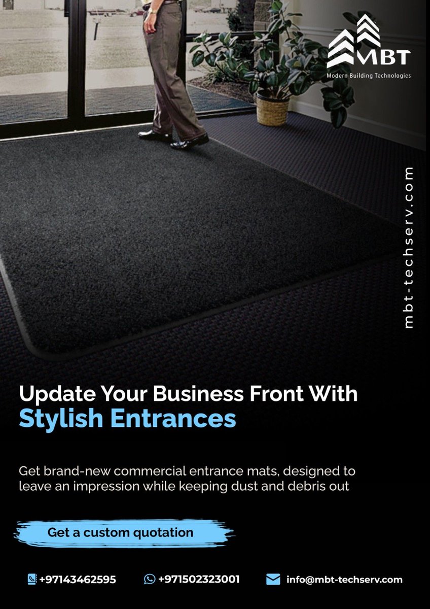 WhatsApp For Inquiries:
lnkd.in/efcxCYig

Our entrance mats come in a variety of designs, colors, and enhance the visual appeal of your entryway.

Talk To Us:
+97143462595
info@mbt-techserv.com

#mbt #entrancemats #entrancematsystems #buildingmaterials