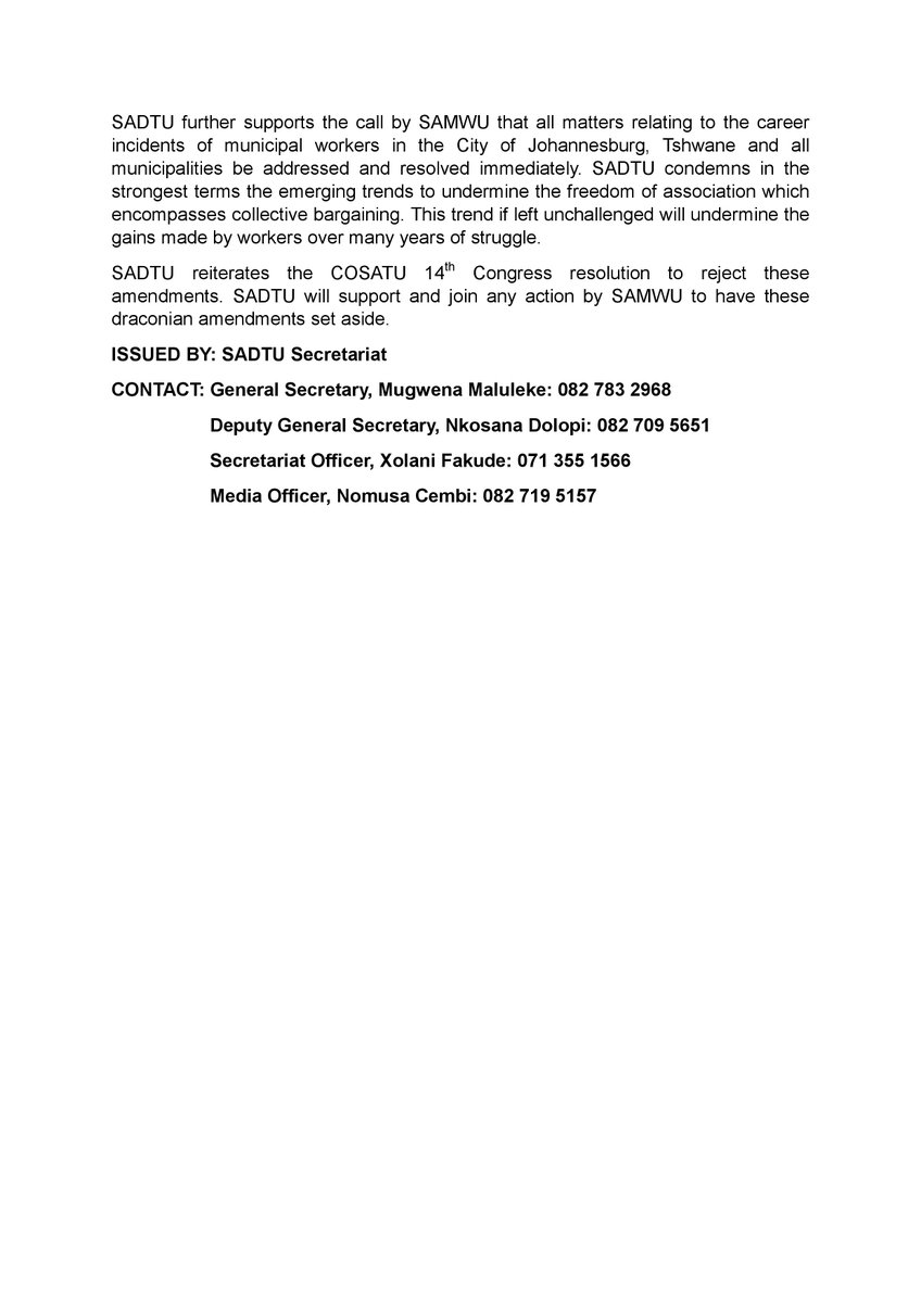 sadtuwc's tweet image. #SADTU fully supports the objections made by the South African Municipal Workers Union (#SAMWU) to the amendments to the Municipal Systems Act to prohibit municipal workers from holding office in political parties.