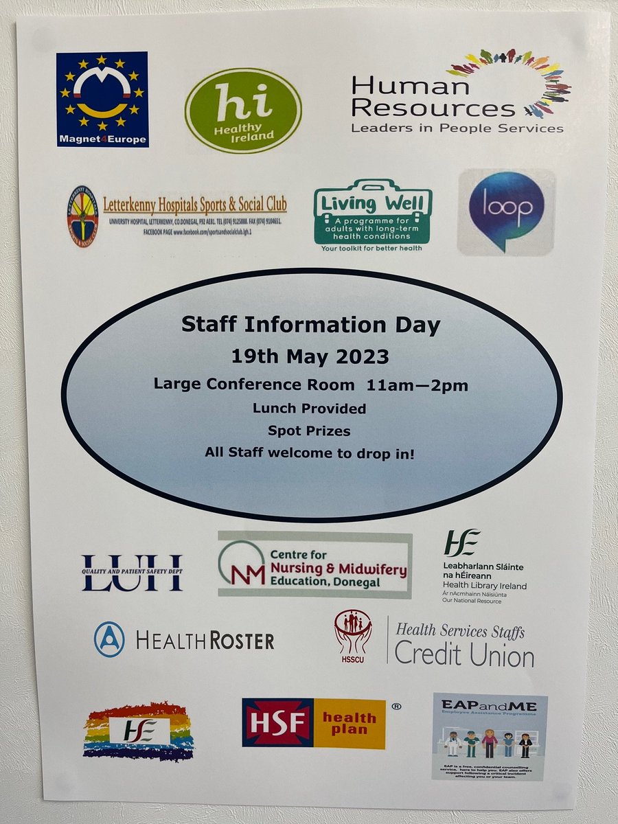 Don't forget, our staff information day is on this Friday 11am -2pm in the Large conference room. Drop by to see some of the supports available to staff to support them in their working life and with their general wellbeing. #staffwellbeing