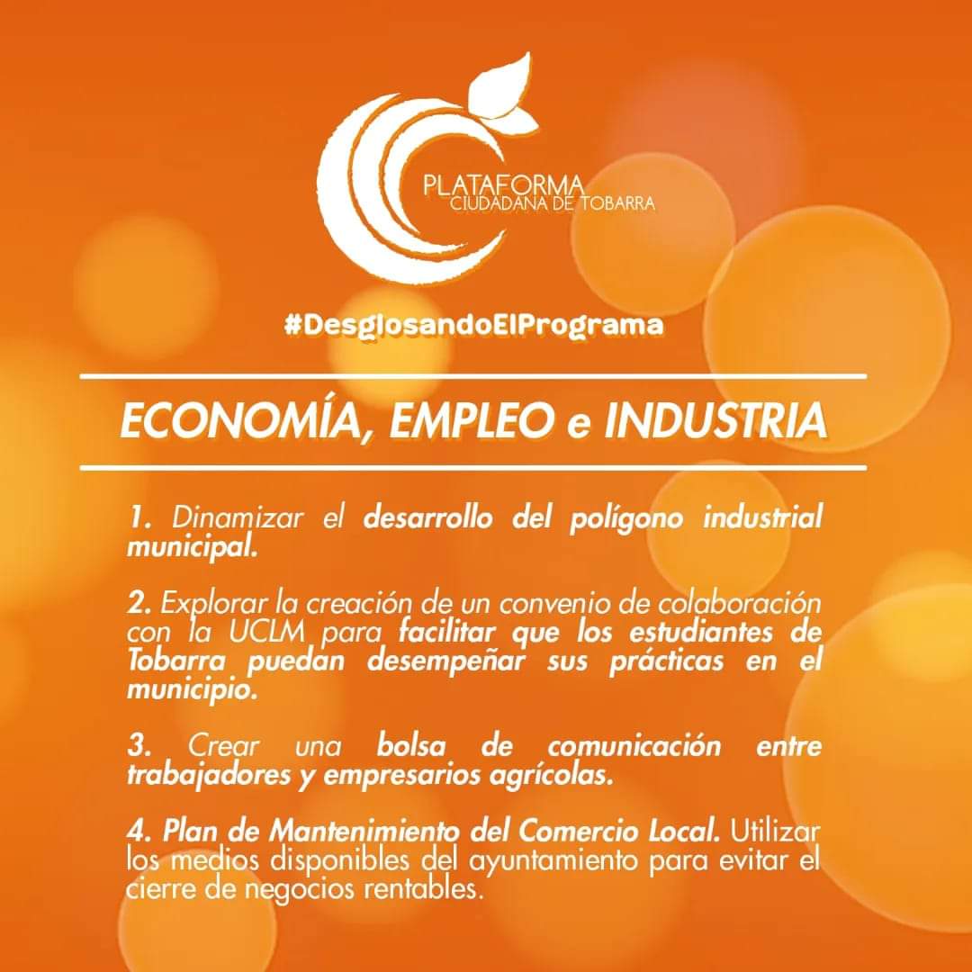 PlataTobarra's tweet photo. 🟠 Economía, Empleo e Industria 🟠

Aquí tenéis nuestras propuestas en materia de economía, empleo e industria. Dejar claro que nuestro programa no está cerrado y siempre estamos dispuestos a escuchar y tener en cuenta el resto de propuestas y demandas de la gente
#UnNuevoCamino https://t.co/uMmtyaC5uA