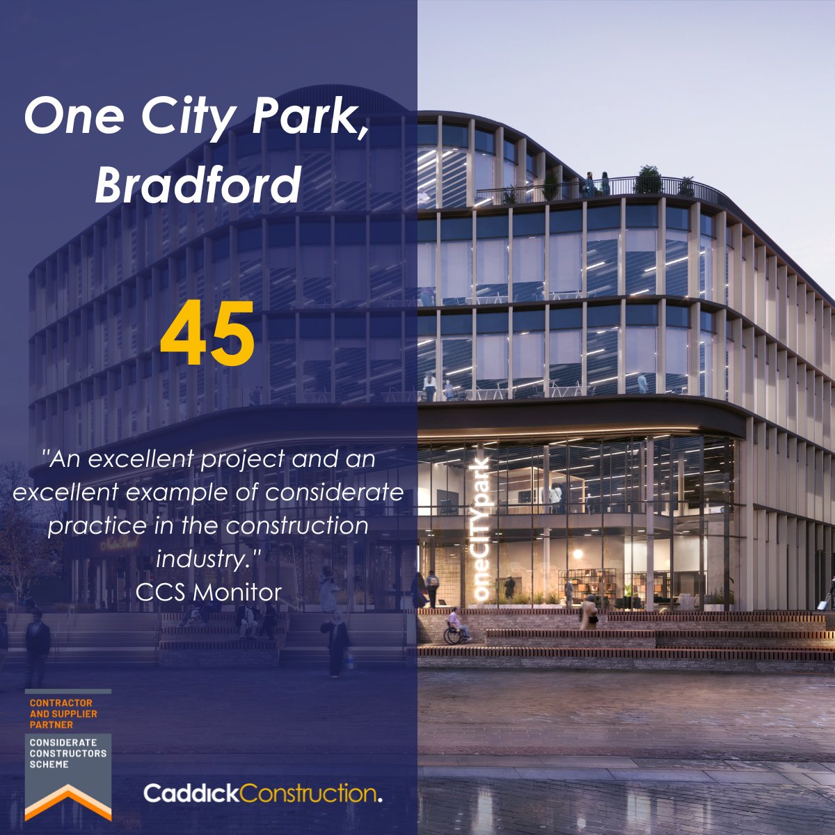CaddickConst's tweet photo. Well done to our site team and supply chain partners at @OneCityParkBFD for an outstanding score of 45/45 on their @CCScheme visit. ๐
#loveconstruction #considerateconstructorsscheme #officedevelopment #consideratecontractor https://t.co/HfAjZxQhAk