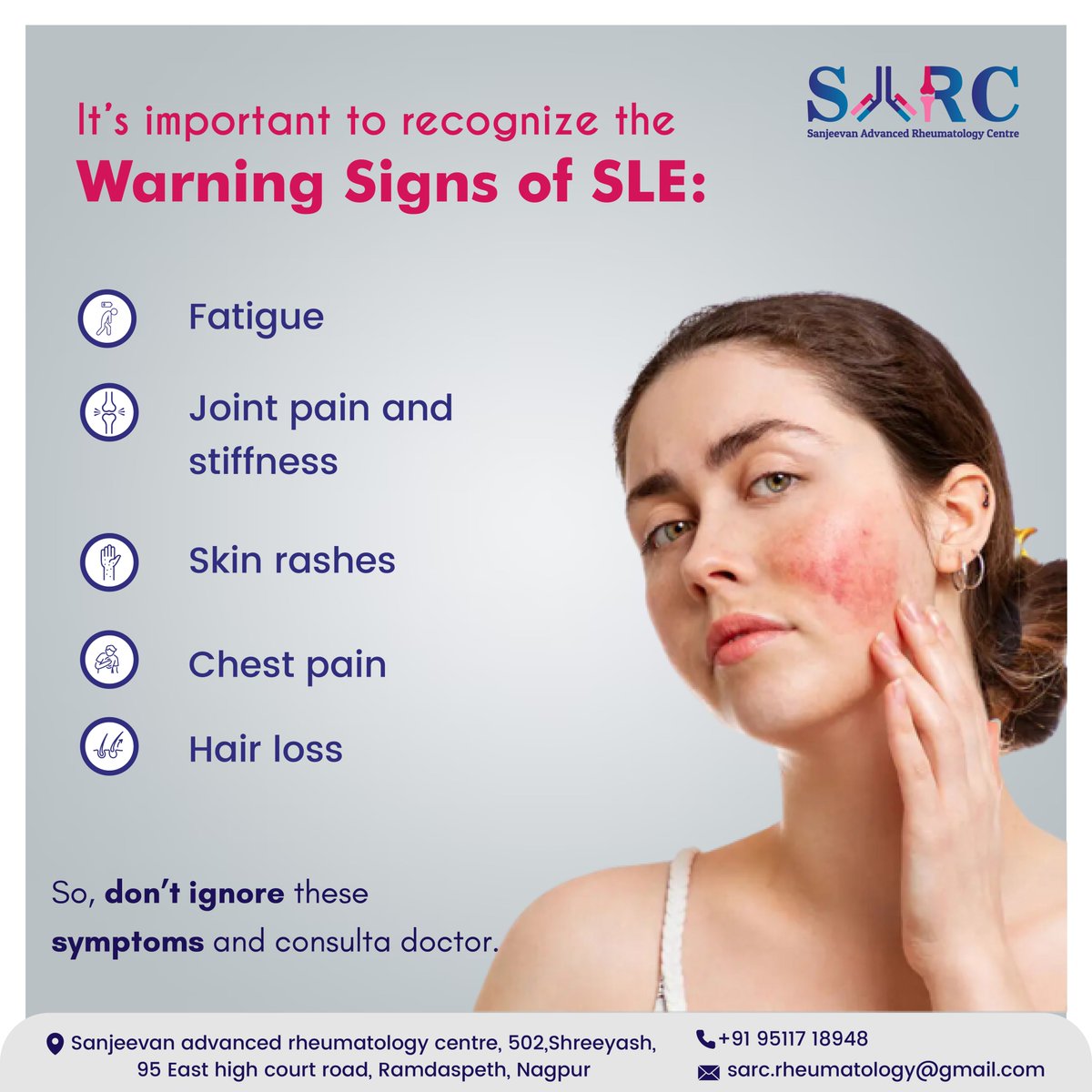 Its important to recognize the warning signs of SLE:

#LupusAwareness #KnowTheSigns #AutoimmuneDisease #ChronicIllness #EarlyDetection #LupusSymptoms #LupusFlare #ButYouDontLookSick #LupusWarrior #InvisibleIllness