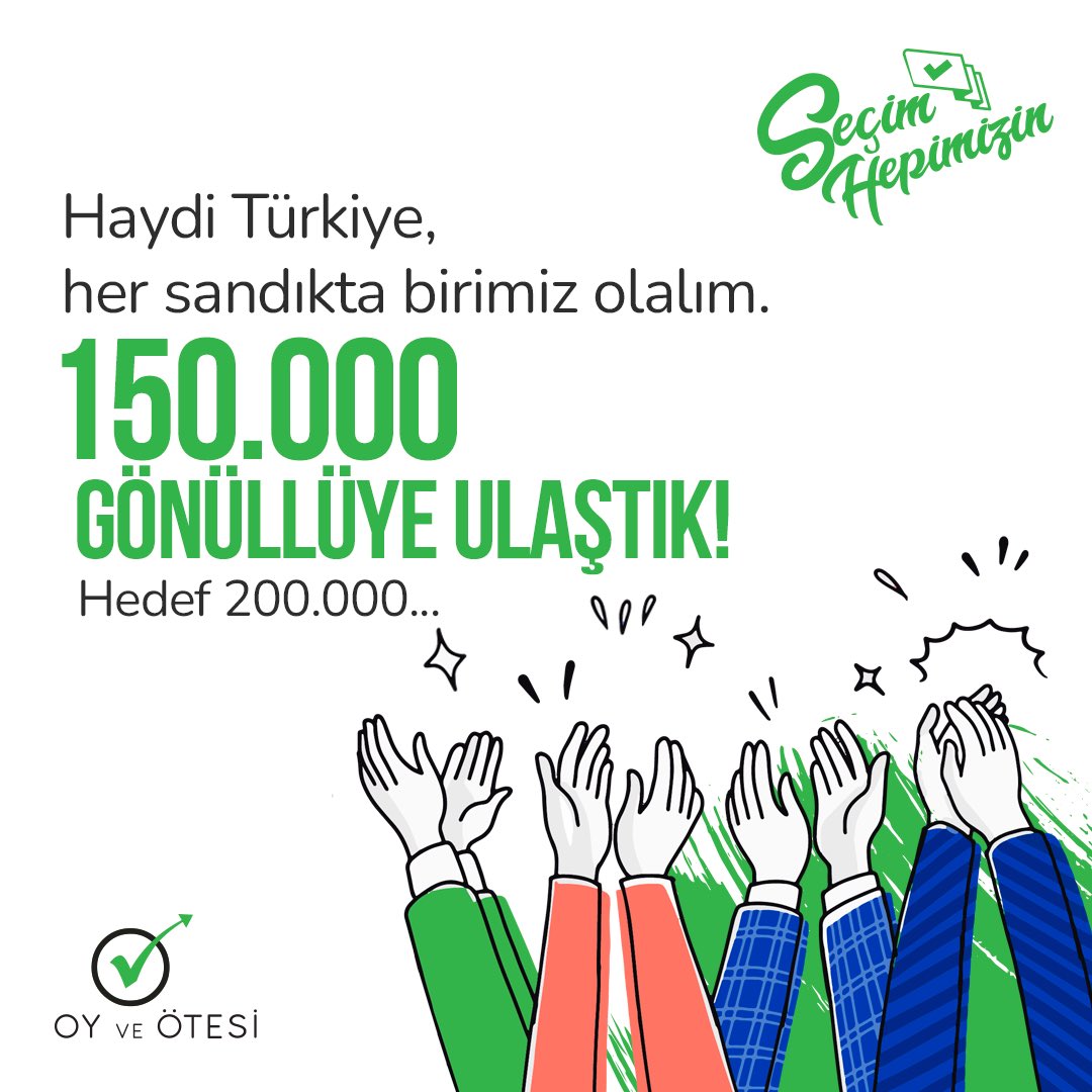 Muhteşem desteğiniz için teşekkür ederiz 🤩💚 Mümkün olduğunca tüm sandıklarda olabilmek adına başvuru alamadığımız ilçelere yönlendirme sağlıyoruz. Çünkü #SeçimVarsaBizdeVarız ☺️

#OyveÖtesi #DemokrasidenTarafız #SeçimHepimizin