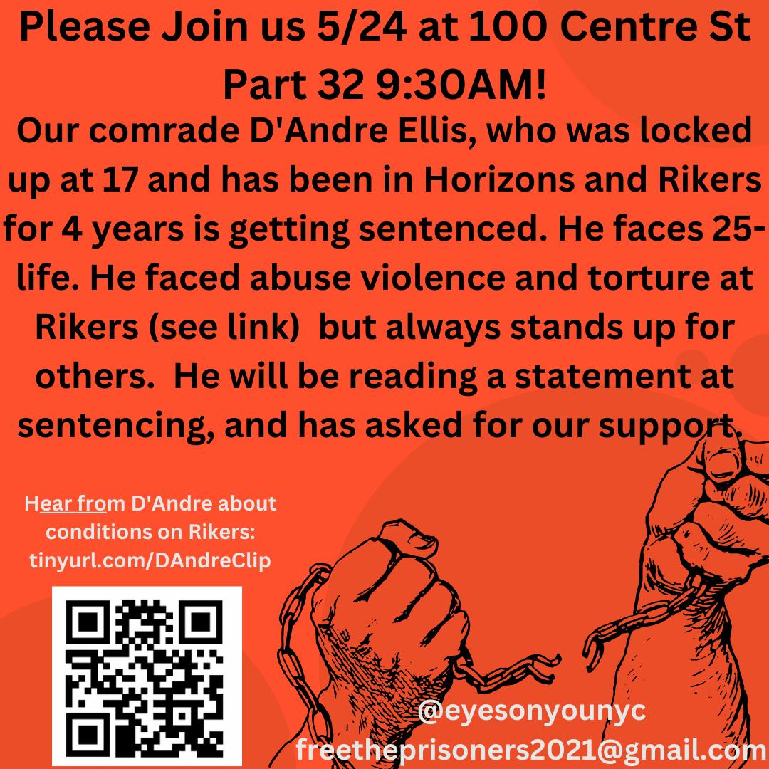 Please join D'Andre as he gives his statement to the court May 24, Part 32, 9:30 AM (technically begins at 9 but will likely begin later, come at anytime). He has requested comrades &amp; media. <a href="/AshAgony/">Ash J</a> <a href="/CopwatchCPU/">Copwatch Patrol Unit</a> <a href="/NYDocs/">NY Doctors 🍎</a> <a href="/CourtWatchNYC/">Court Watch NYC</a> <a href="/outlivethemnyc/">Outlive Them NYC</a> <a href="/HellGateNY/">Hell Gate *subscribe today!*</a> @graham_rayman