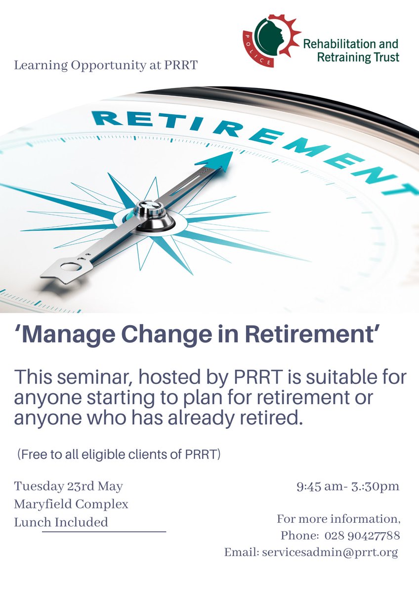 PRRT (@prrtrust) on Twitter photo PRRT are hosting an exciting new Seminar:
‘Manage Change in Retirement’.
Limited spaces, please contact Services Admin for more information:
☎️ 028 90427788
📧servicesadmin@prrt.org
🌎 prrt.org PRRT are hosting an exciting new Seminar:
‘Manage Change in Retirement’.
Limited spaces, please contact Services Admin for more information:
☎️ 028 90427788
📧servicesadmin@prrt.org
🌎 prrt.org