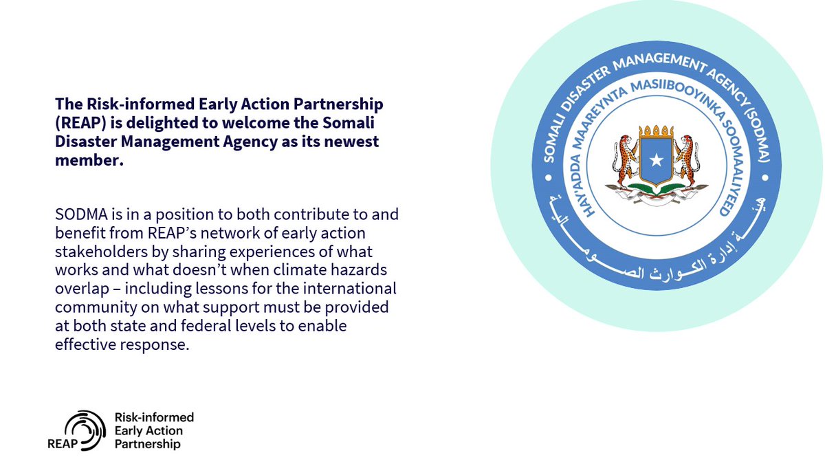 📢 <a href="/SoDMA_Somalia/">SODMA Somalia</a> is our newest Partner

We're really excited to work with the Government of Somalia and help them move forward in their ambition to embed #anticipatory approaches to #disaster and #climate #riskmanagement.

Read more 👉 early-action-reap.org/somali-disaste…