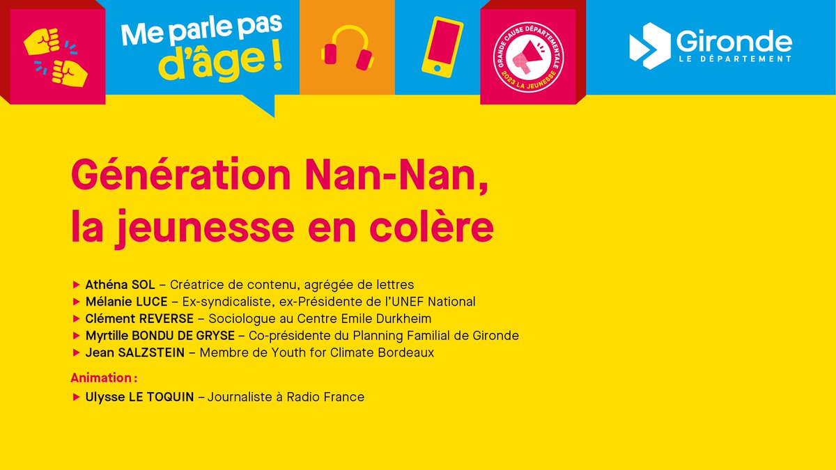 Gironde (@gironde) on Twitter photo 💥 #MeParlePasDage | c’est parti pour une deuxième journée d’échanges autour des enjeux qui concernent la jeunesse. 
Face aux discriminations, à l'inaction climatique et aux difficultés du quotidien, les jeunes sont en colère. Mais comment s'exprime-t-elle ? 💥 #MeParlePasDage | c’est parti pour une deuxième journée d’échanges autour des enjeux qui concernent la jeunesse. 
Face aux discriminations, à l'inaction climatique et aux difficultés du quotidien, les jeunes sont en colère. Mais comment s'exprime-t-elle ?