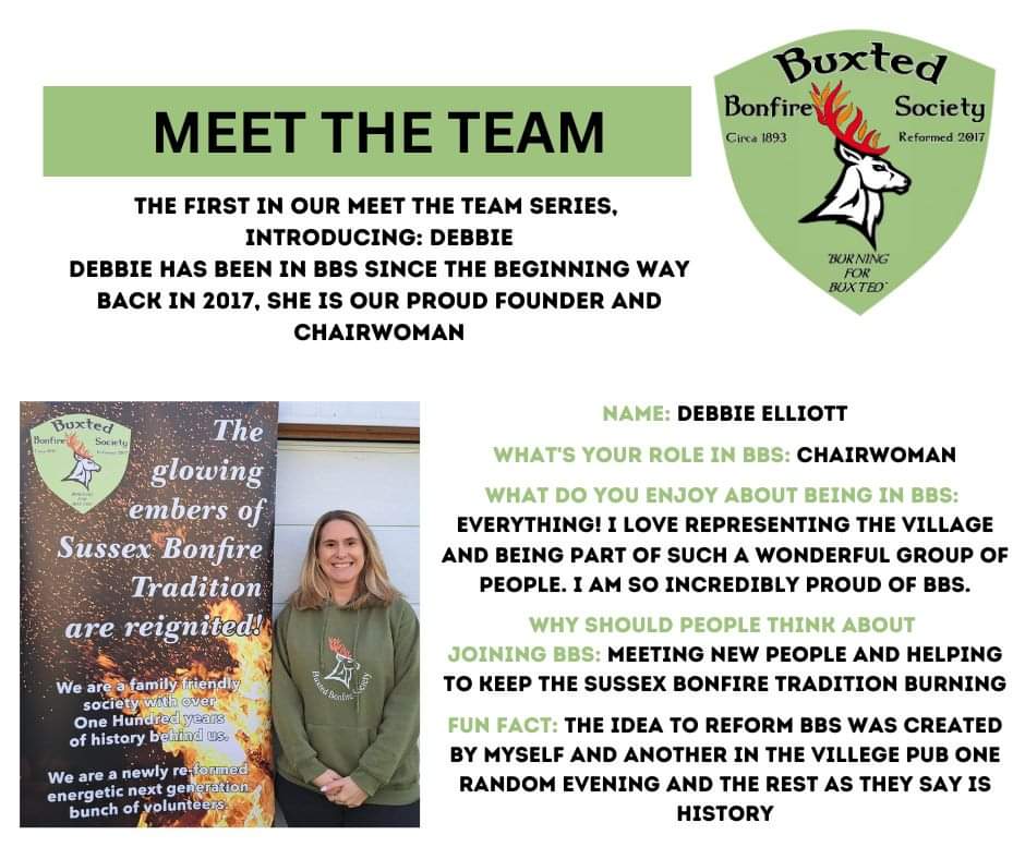 The first in our meet the team series. Debbie has been in BBS since the beginning way back in 2017, she is our proud founder and chairwoman.
If you would like to join Buxted Bonfire Society pleased see our website buxtedbonfiresociety.co.uk/membership to sign up.
#buxtedbonfiresociety #bonfire