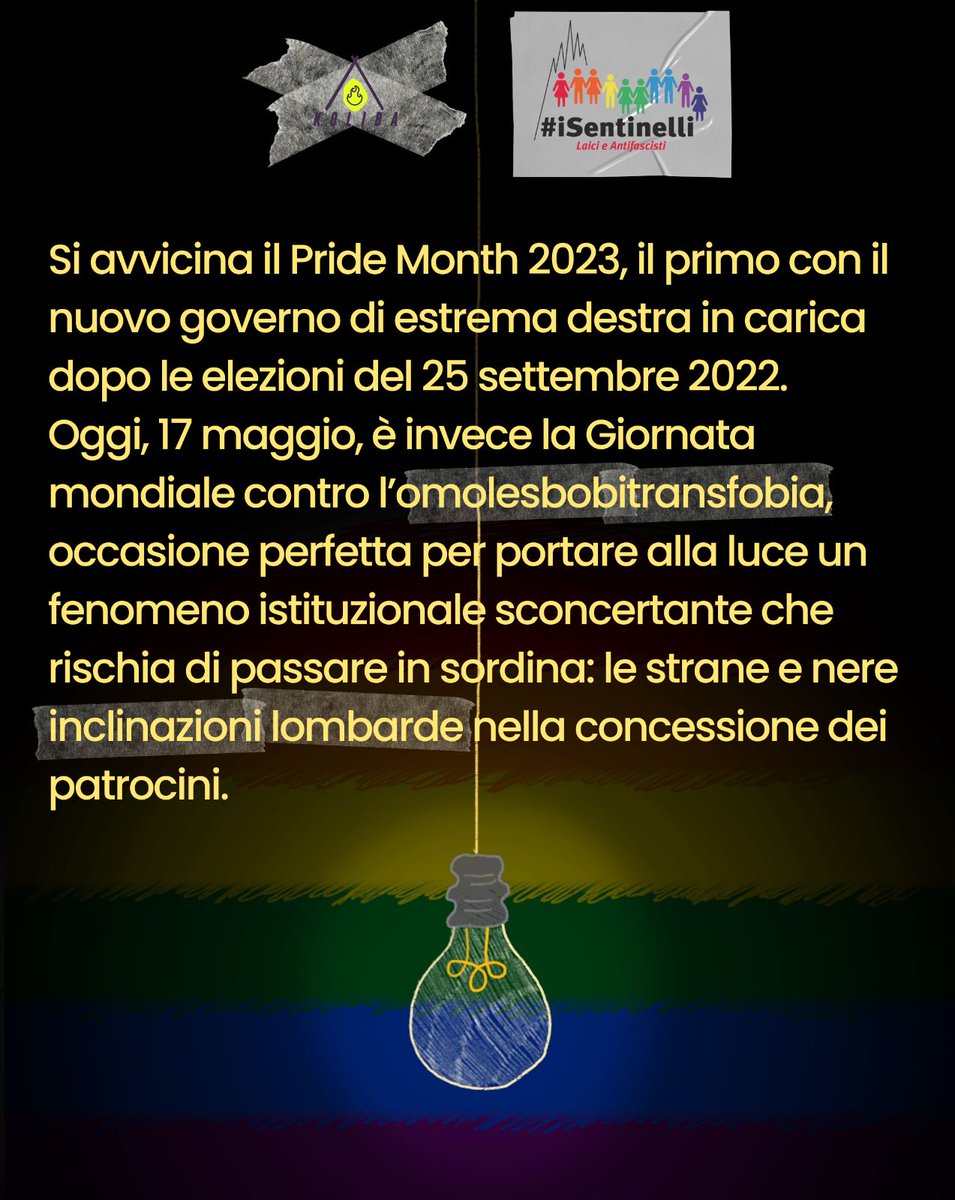 isentinelli's tweet photo. Il 17 maggio è la Giornata contro l’omolesbobitransfobia e mai come quest’anno è necessario parlare della nostra condizione, organizzarci, resistere. L’Italia ha un grosso problema di omolesbobitransfobia. 
[Continua...]

#isentinelli #koliba #lgbt #politica #omofobia #IDAHOBIT https://t.co/NkFBBLCruF