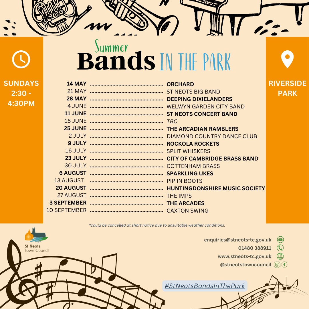 stneotscouncil's tweet photo. Summer Bands in The Park is back for 2023!

Enjoy a variety of live music from local performers in the beautiful park on Sundays.

#StNeotsBandsInThePark #StNeots #StNeotsEvents

*these events can be cancelled due to unsuitable weather conditions. https://t.co/dujtgnnQhk