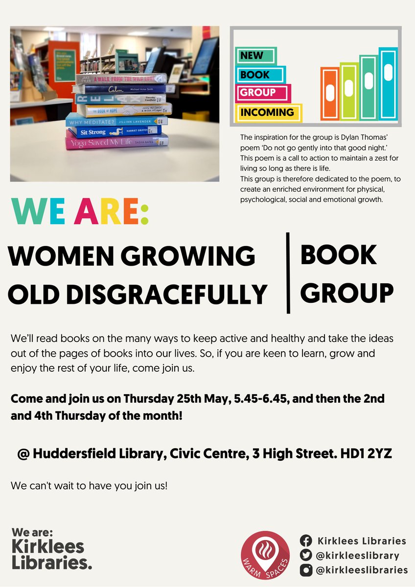 KirkleesLibrary's tweet photo. Want to
share laughter and a sense of fun?
meet like minded women and make new friends?
counter stereotypes of older women?
extend your horizons?
Join this supportive new group, meeting at Huddersfield Library!
@cr8tivekirklees @HuddsHub https://t.co/4yjeFuLDHF