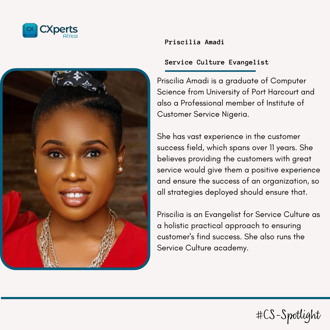 CXperts_Africa's tweet photo. 🥁🥁

Our spotlight for May is @PrisciliaAmadi 

She is a service culture evangelist, with over 11 years of experience in the Customer Success Industry.

Check out her website here: https://t.co/N8WIgeRTI0

#cxpertsafrica #customersuccess #csspotlight https://t.co/rYZ7j7SxLs