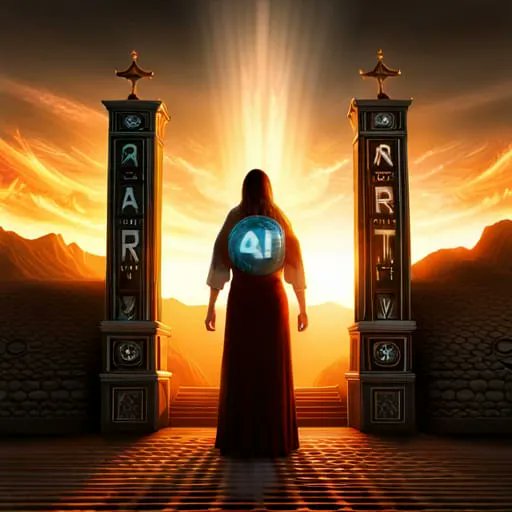 A woman outside the gates of heaven, on the sign "AI EARTH" is written in large letters and well stenciled. Breathtakingly detailed, beautiful dark fantasy, detailed #NFTs #NFTCommunity #NFTartwork #nftart