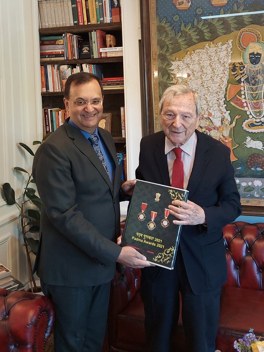 IndiainSpain's tweet photo. Amb @DineshKPatnaik met  Mr Rafael Moneo, cousin of Padma Shri awardee Father Carlos Valles and Mr Javier Bustamante, President of Gonzalez-Valles Foundation. He presented the 2021 list of Padma awardees to Mr Moneo, as a tribute to the memory of Father Valles. https://t.co/ryw9KpS2r2