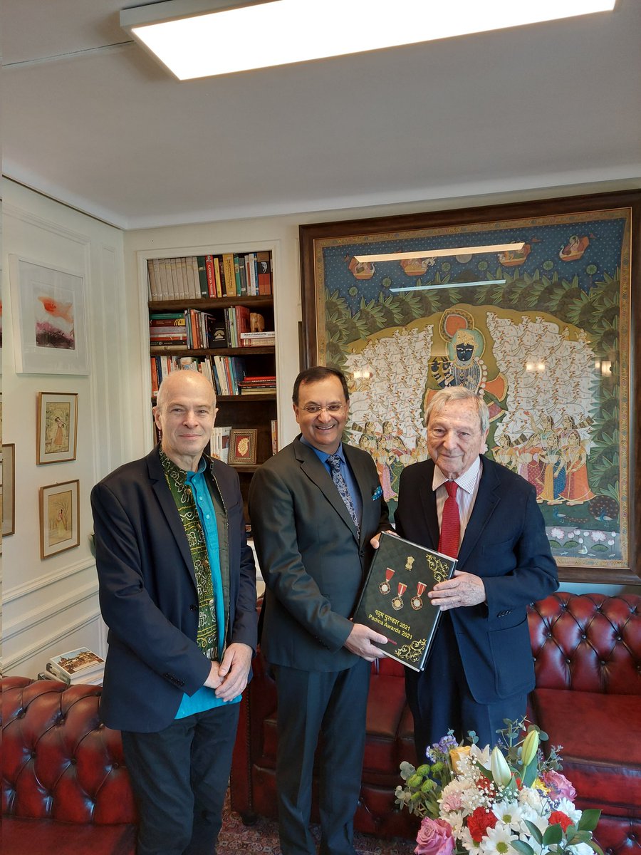 IndiainSpain's tweet photo. Amb @DineshKPatnaik met  Mr Rafael Moneo, cousin of Padma Shri awardee Father Carlos Valles and Mr Javier Bustamante, President of Gonzalez-Valles Foundation. He presented the 2021 list of Padma awardees to Mr Moneo, as a tribute to the memory of Father Valles. https://t.co/ryw9KpS2r2