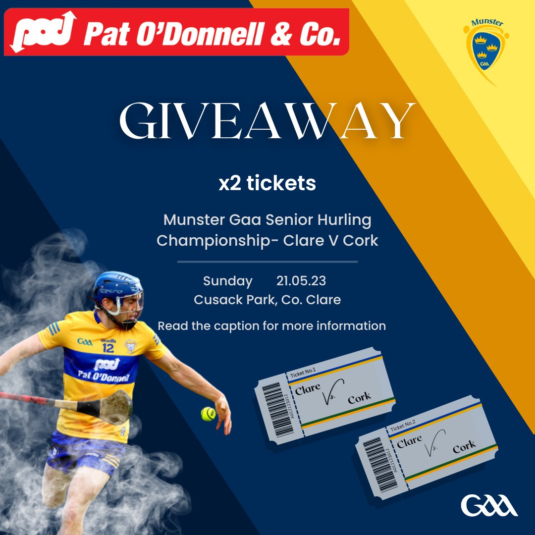 PODMachines's tweet photo. As the proud sponsors of @GaaClare, we are delighted to announce we are giving away 2 tickets to this weekends Munster Senior Hurling Championship match, Clare vs Cork.

To enter:
• Like this post
• Follow @PODMachines 
•Tag who you will bring

Best of luck!

#claregaa https://t.co/8qtui0ktlu