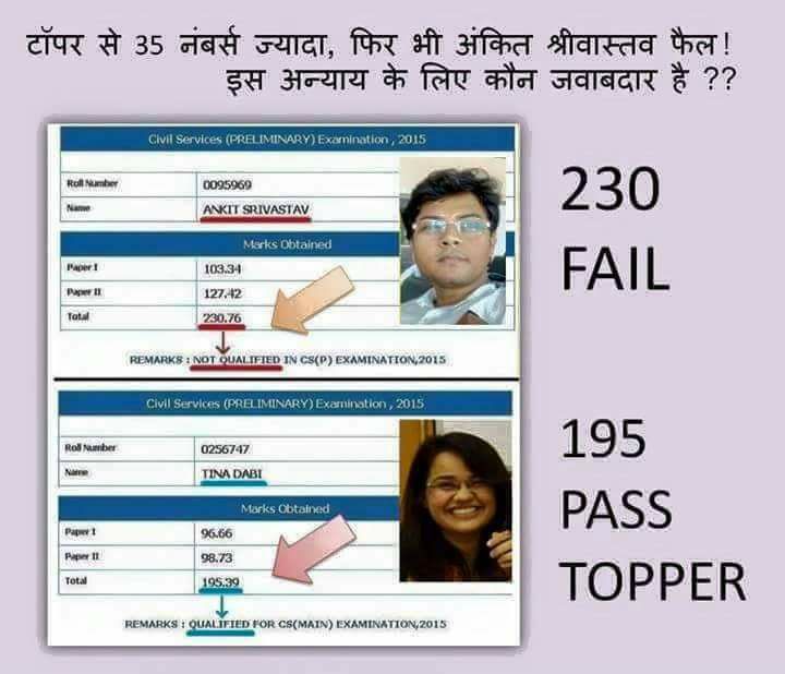 Meet Ankit Srivastav    

Caste- General  
Marks- 230   
Result- Not Qualified  

Meet #tinadabi 

Father- IES 
Caste- Reserved 
Marks- 195 
Result- Qualified  

Appointed as a civil servant. Trending on Twitter today for bulldozing houses of Pakistani Hindu migrants in…