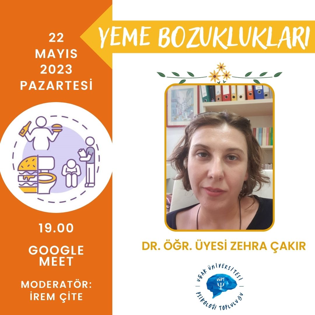 UÜPT’den herkese merhabalar!
Bu hafta “Yeme Bozuklukları” konulu etkinliğimizde Dr. Öğr. Üyesi Zehra Çakır bizlerle birlikte olacak. 22 Mayıs Pazartesi saat 19.00'da görüşmek üzere.✨
