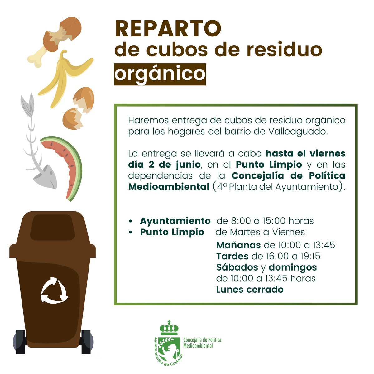 🟤👉AMPLIAMOS la entrega de cubos de residuo orgánico para los hogares del barrio de Valleaguado hasta el DÍA 2 DE JUNIO.