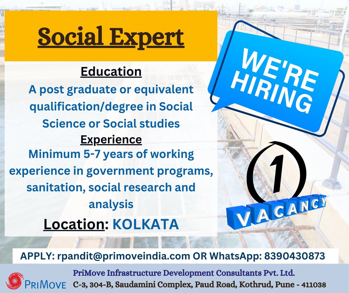 Social Expert
Location: Kolkata

#JobSeekers #JobAlert #kolkata #kolkatajobs #primove #socialexpert #hiring #HIRINGNOW  #hiringalert #vacancy