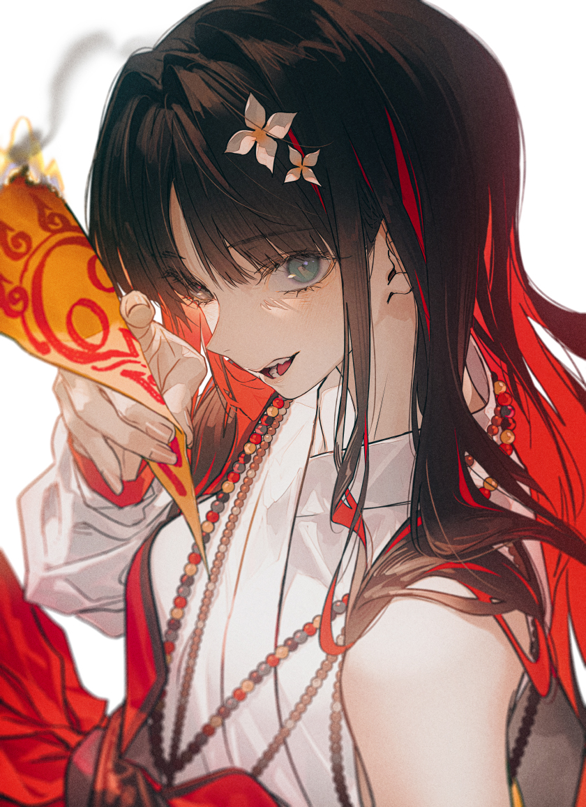 1girl black hair solo long hair red hair flower looking at viewer  illustration images