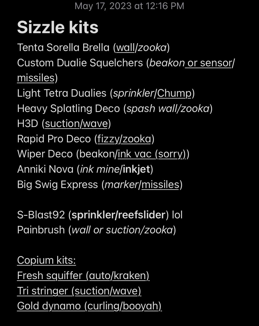 wil_spl's tweet image. Some quick predictions for the kits, underlined is all speculation, italic is soft confirmed, bold is hard confirmed.
#Splatoon3 #sizzleseason