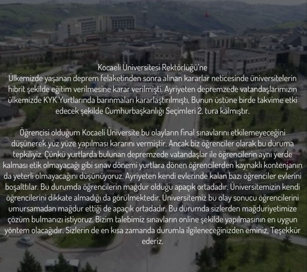 _yasincay's tweet photo. Mağduriyetlerimizin göz önünde bulundurulup finallerin online yapılmasını istiyoruz. #kouonlinesınavistiyor
@ProfDrHulagu
@NuhZaferCanturk
@kou92official
@erolozvar
@tahirbuyukakin
@fatmakaplan https://t.co/2jHotag5K5