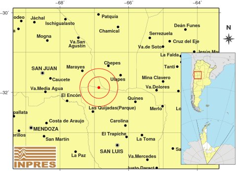 SismosArg's tweet photo. Sismo de mag. 4.1, con epicentro 161 km al E de San Juan; 165 km al N de San Luis; 65 km al SE de Marayes registrado a las 07:16:32 https://t.co/E8FMEeS4Pm https://t.co/vMDcrln14j