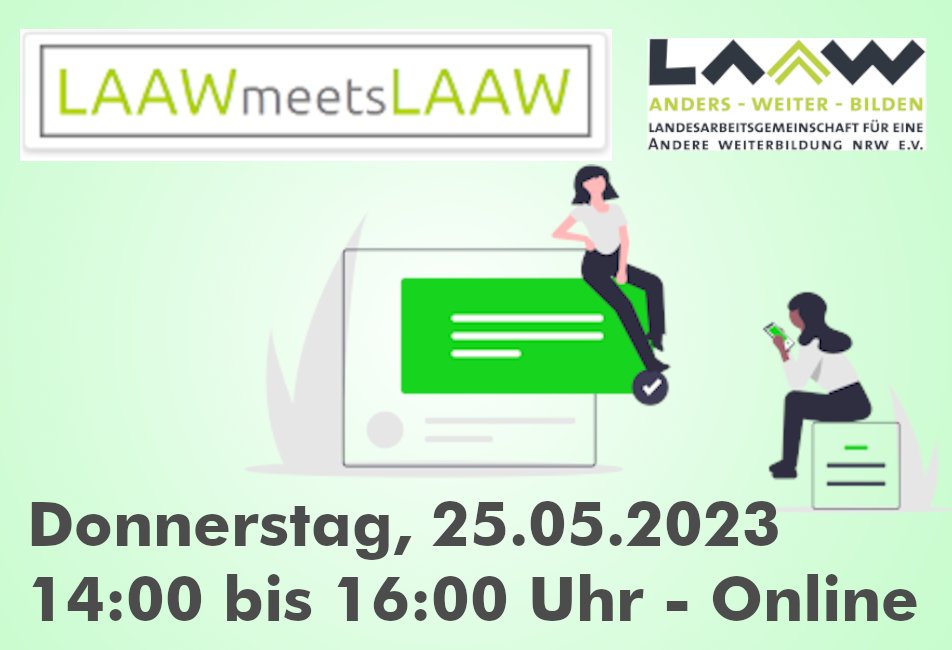 Das nächste #LAAWmeetsLAAW steht an -  das offene Treffen für Mitarbeitende aus den Mitgliedseinrichtungen zum Austausch über aktuelle Themen der #Weiterbildung, #Erwachsenenbildung und politischen Bildung #politischeBildung in #NRW social.laaw.nrw/@laaw/11038350…