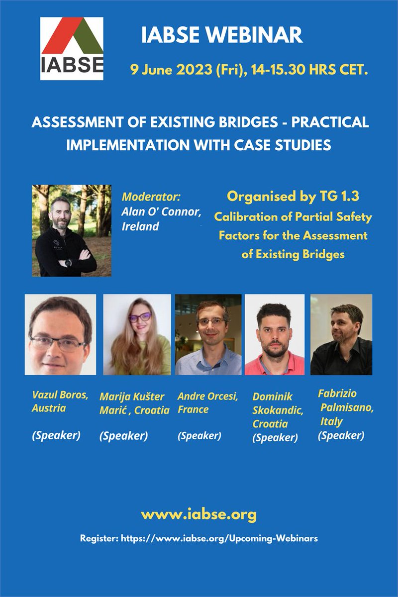 IABSEHQ's tweet photo. UPCOMING WEBINAR! 

Topic: Assessment of existing bridges – practical implementation with case studies
Speakers: Vazul Boros, Marija Kušter Marić, André Orcesi, Dominik Skokandić, Fabrizio Palmisano

Moderator: Alan O’Connor

Register Here: https://t.co/HoNLFa0XiG https://t.co/wcaVVd8ctJ